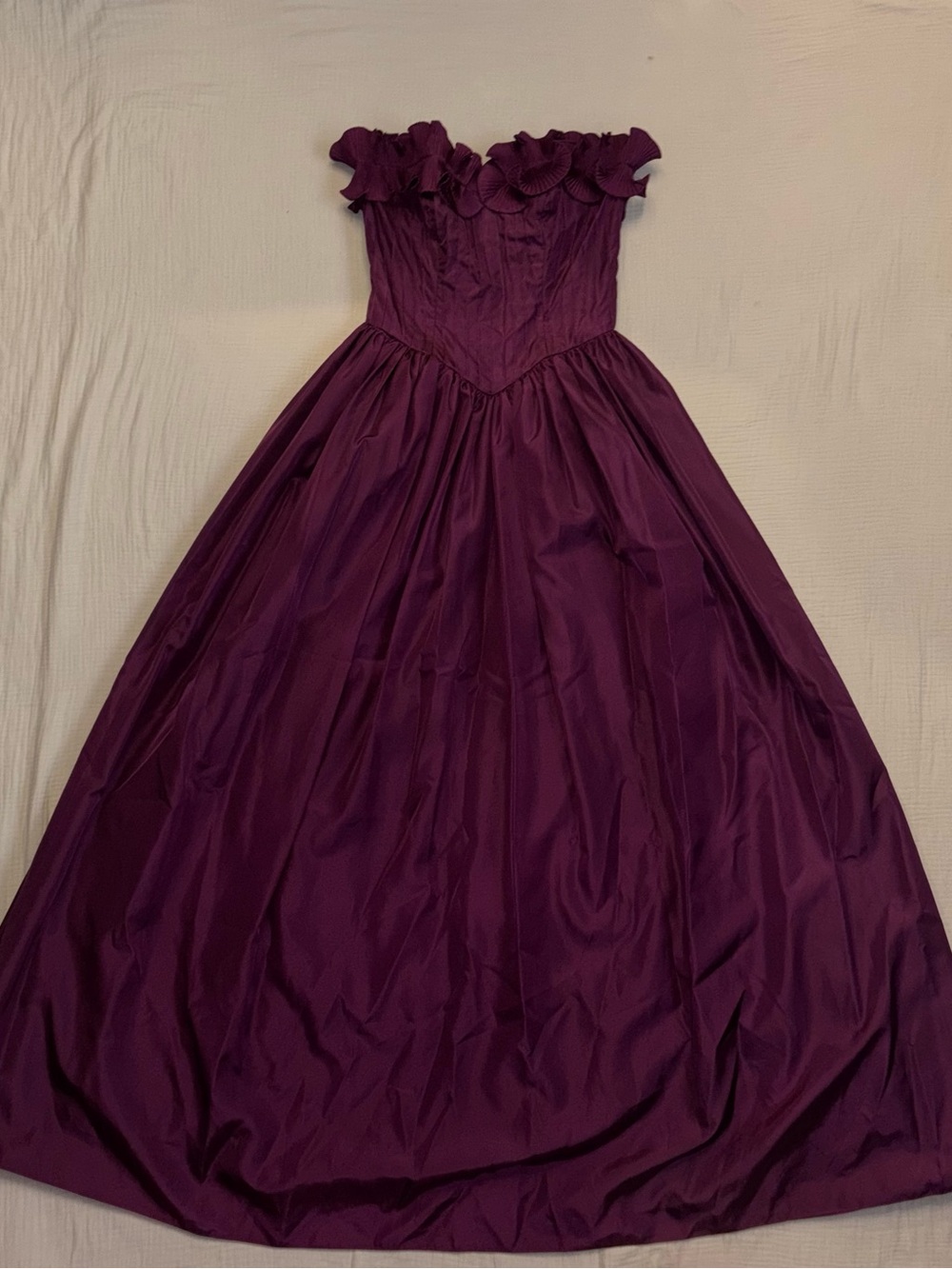 Richilene Strapless Ruffled Sweetheart Evening Gown in Deep Plum